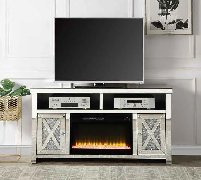 Dependable Noralie - 32 quot TV Stand With Fireplace - Mirrored amp Faux Diamonds Sophisticated