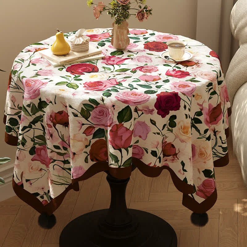 Comfortable Ownkoti Vintage Rose Pom Trim Tablecloth Detailed