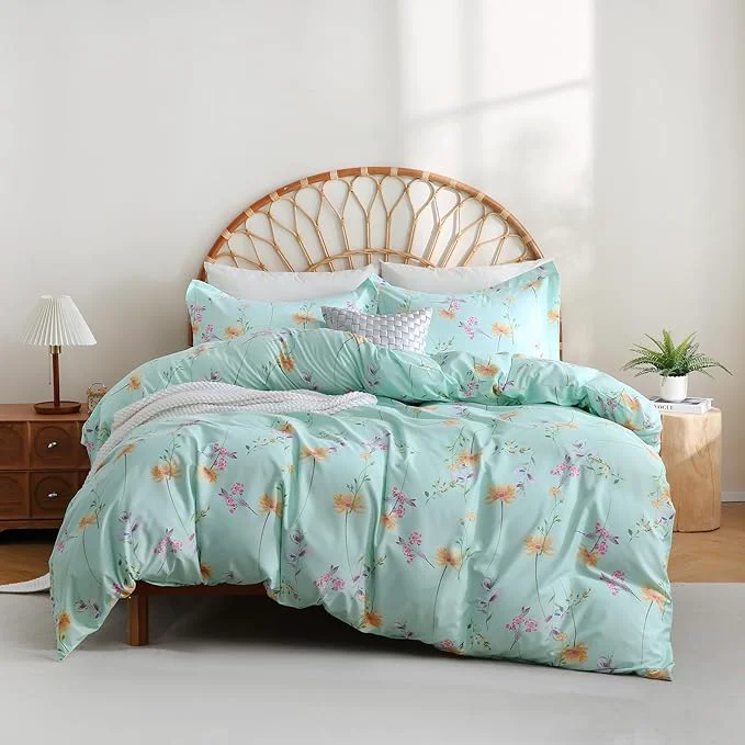 Smooth JSD Green Floral Duvet Cover Set Queen Size 3 Piece Botanical Printed Microfiber Comforter Cover with Corner Ties Zipper Closure Next-Generation