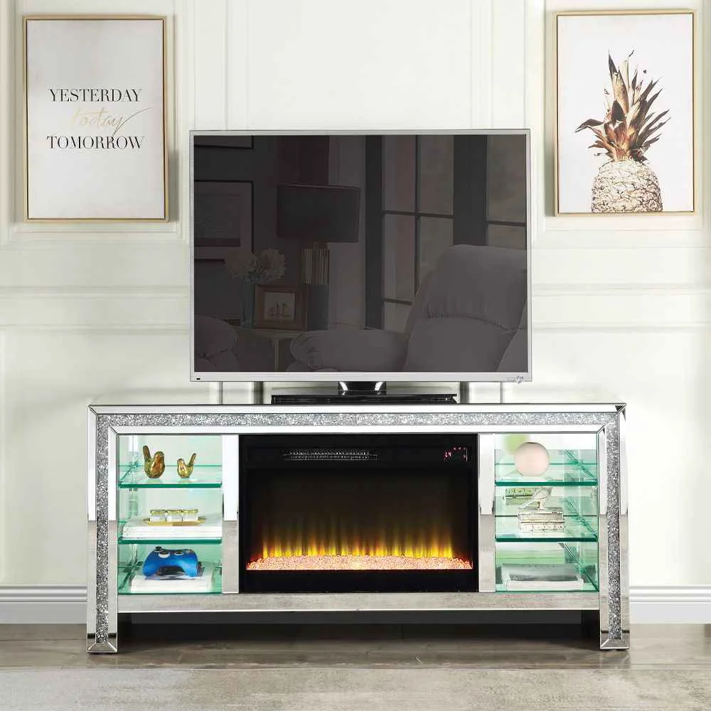Outstanding Noralie - 28 quot TV Stand With Fireplace amp LED - Mirrored amp Faux Diamonds Organic