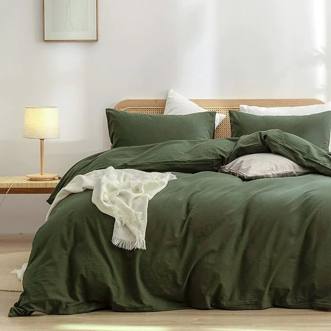 Specialty OUCH Duvet Cover Set Washed Cotton Linen Feel Super Soft Comfortable Chic Lightweight 3 PCs Home Bedding Set Solid Olive Green Cal King Genuine