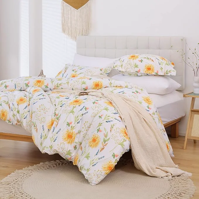 Fashionable JSD Yellow Floral Duvet Cover Set Queen Size 3 Piece Spring Printed Microfiber Comforter Covers Zipper Closure Original
