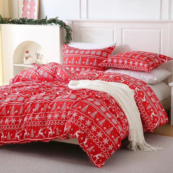 Prestigious JSD Red Christmas Duvet Cover Set Queen Size 3 Piece Snowflakes Reindeer Snowflakes Printed Microfiber Comforter Cover with Pillow Sham Unique