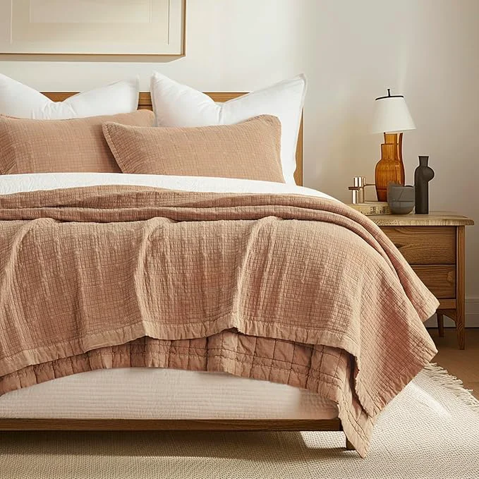 Authentic EVERGRACEHOME Stonewashed Cotton Quilt Set King Size Ultra Soft Oversized Bedspread Coverlet Set Lightweight Crinkle Box Stitch Bedding Sets for All Season with 2 Shams Terracotta Contemporary
