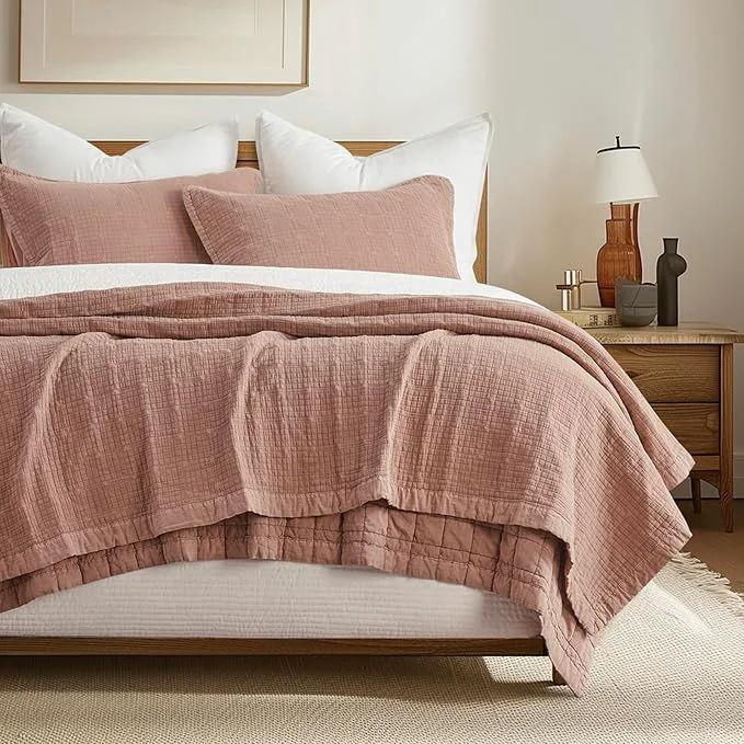 Green EVERGRACEHOME Stonewashed Cotton Quilt Set Full Queen Size Ultra Soft Oversized Bedspread Coverlet Set Lightweight Crinkle Box Stitch Bedding Sets for All Season with 2 Shams Terracotta Clay Authentic