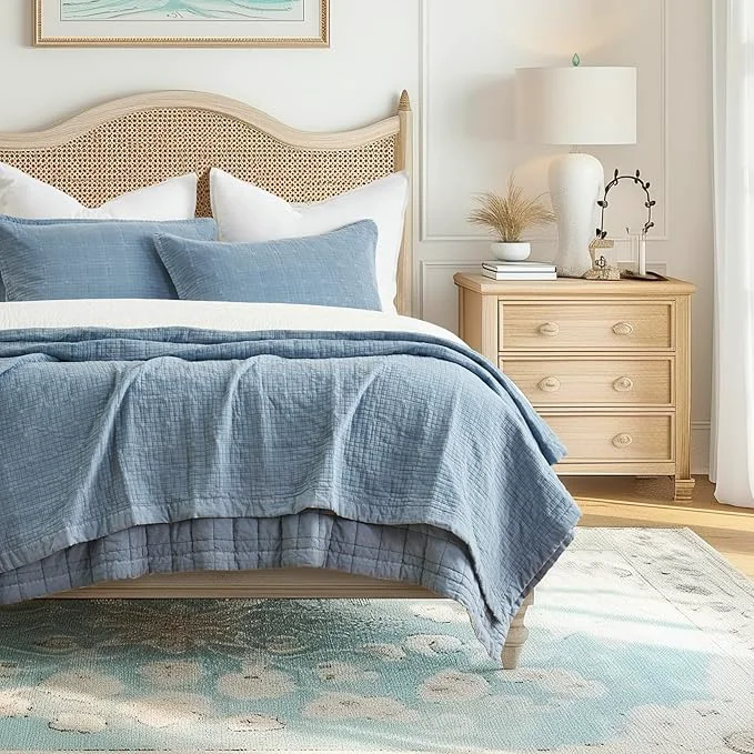 Superior EVERGRACEHOME Stonewashed Cotton Quilt Set King Size Ultra Soft Oversized Bedspread Coverlet Set Lightweight Crinkle Box Stitch Bedding Sets for All Season with 2 Shams Sonoma Blue Authentic