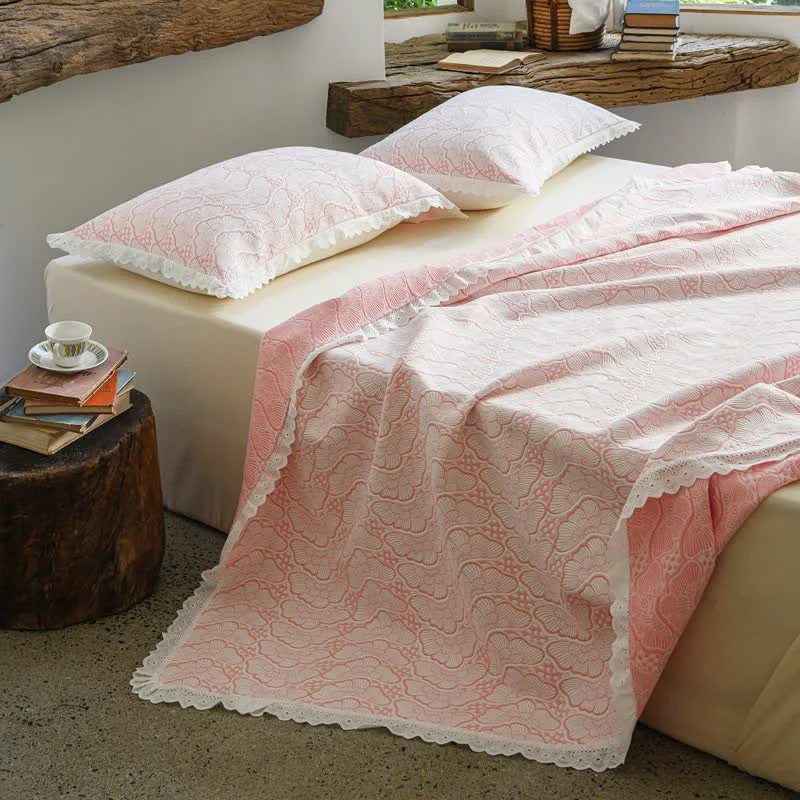 Comfortable Ownkoti French Pink Lace Trim Cotton Bedspread Contemporary
