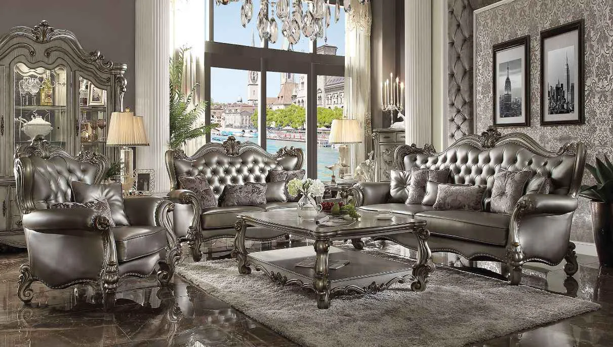 Long-Lasting Versailles - Sofa With 6 Pillows - Silver Synthetic Leather amp Antique Platinum Environmentally Friendly