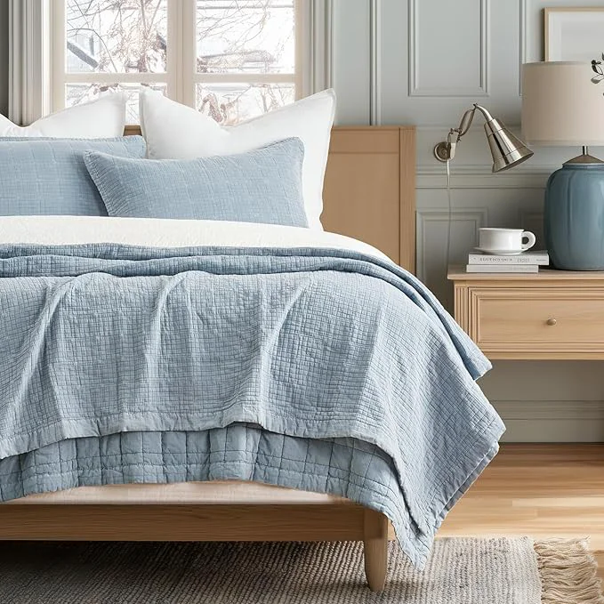 Refined EVERGRACEHOME Stonewashed Cotton Quilt Set King Size Ultra Soft Oversized Bedspread Coverlet Set Lightweight Crinkle Box Stitch Bedding Sets for All Season with 2 Matching Shams Blue Linen Detailed