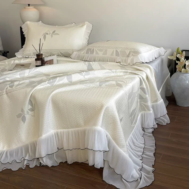 Original Ownkoti Ruffled Gray Leaf Jacquard Bedspread Set Refined