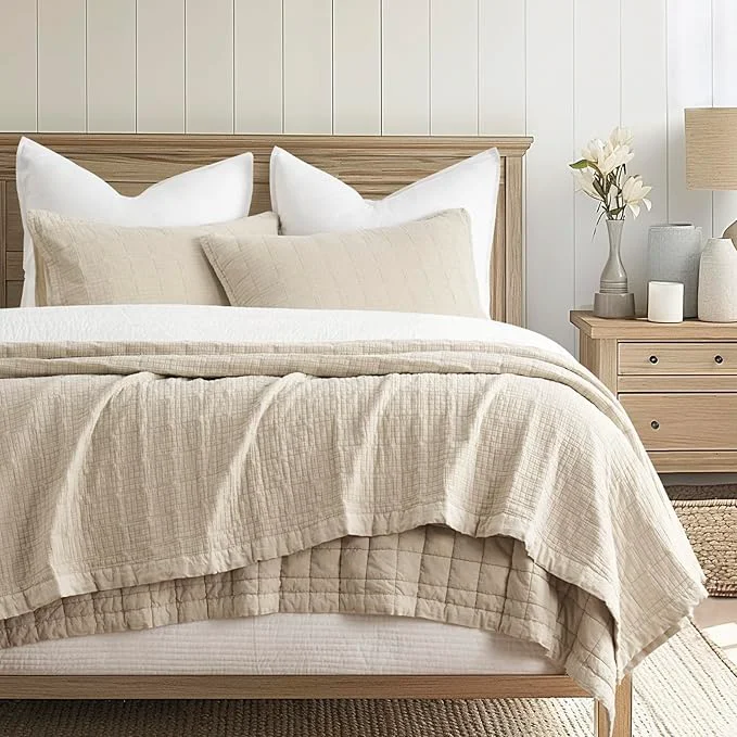 Professional EVERGRACEHOME Stonewashed Cotton Quilt Set King Size Ultra Soft Oversized Bedspread Coverlet Set Lightweight Crinkle Box Stitch Bedding Sets for All Season with 2 Shams Flax Beige Durable