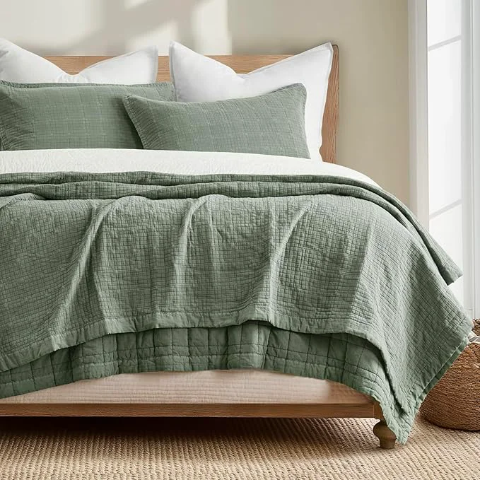 Durable EVERGRACEHOME Stonewashed Cotton Quilt Set King Size Ultra Soft Oversized Bedspread Coverlet Set Lightweight Crinkle Box Stitch Bedding Sets for All Season with 2 Shams Olive Green Innovative