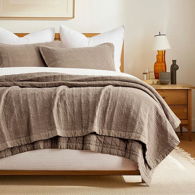 Original EVERGRACEHOME Stonewashed Cotton Quilt Set Full Queen Size Ultra Soft Oversized Bedspread Coverlet Set Lightweight Crinkle Box Stitch Bedding Sets for All Season with 2 Shams Mocha Brown Exceptional