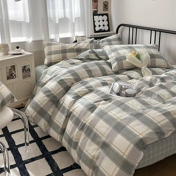 Professional MKXI Vintage Green Plaid Duvet Cover Set with Checkered Design Farmhouse Look Gingham Modern Bedding Twin Size Classic Rustic Bedroom Collection for All Ages Carefully Designed
