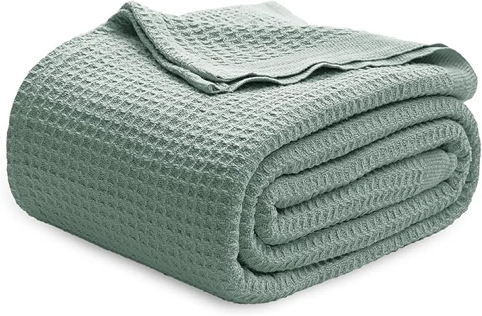 Bedsure Gentlesoft Cotton Blanket Queen Size for Bed - Cooling Breathable and Soft for Spring Summer Thick Cozy Waffle Weave Blanket Gifts for Women Sage Green 90x90 Inches Trendy