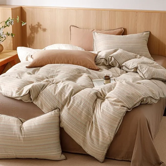 Artisan VM VOUGEMARKET Brown Tan Duvet Cover King Striped Pattern Yarn Dyed Muslin Cotton Duvet Cover with Embroidered Edge Super Soft Cozy Bedding Set for Men Women King Size Dependable