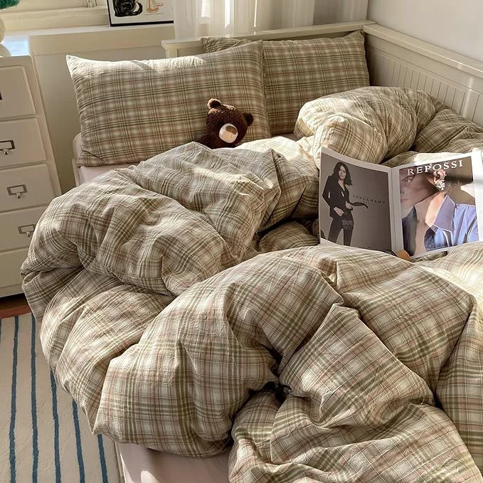 MKXI Pistachio and Pink Plaid Duvet Cover Twin 3-Piece Vintage Aesthetic Bedding Set Washed Cotton Breathable amp Lightweight Reversible Design with Zipper Closure Sophisticated
