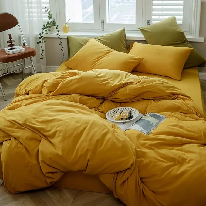 Premium Material VM VOUGEMARKET Jersey Knit Cotton Bedding Duvet Cover Queen Yellow T-Shirt Cotton Down Comforter Cover Set Super Soft Men Women Modern Bedding Set-Queen Gold Professional