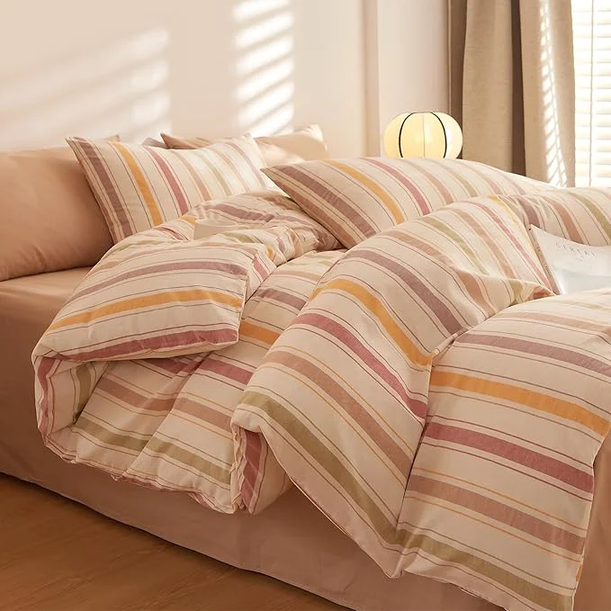 Natural MKXI Striped Duvet Cover Set Washed Cotton 3-Piece Colorful Autumn Vibe Bedding Set with Zipper amp Ties Stripes Pattern Comforter Cover for Teens Adults Dorms amp Bedrooms Twin Size Stylish