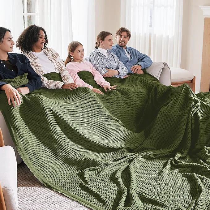 Exceptional Bedsure Gentlesoft Cotton Big Blanket Oversized King for Bed - Large Breathable Thick Waffle Weave Blanket for Summer Couch Cover Olive Green 120x94 inches Specialty