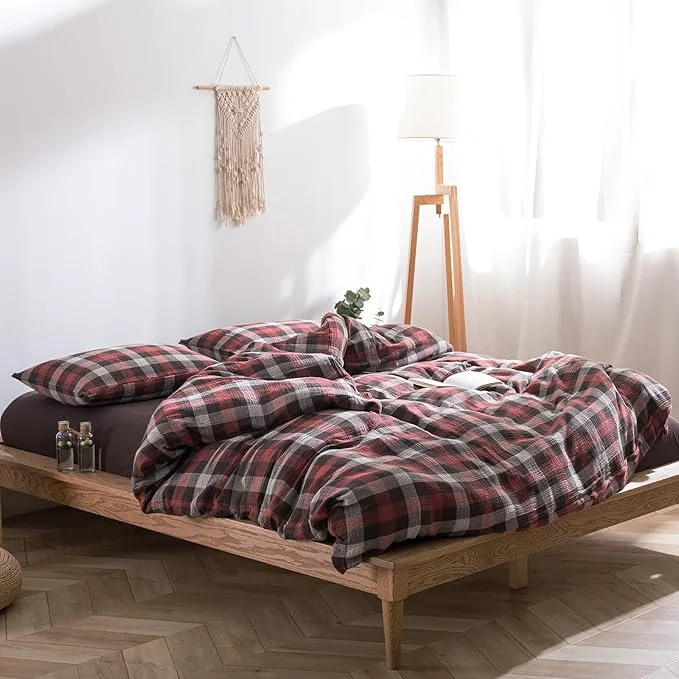 Casual VM VOUGEMARKET Red Gingham Duvet Cover King Muslin Cotton Plaid Bedding Set Soft Breathable Linen Like Gauze Comforter Cover with Zipper Closure for Adults-3 Pieces 104 quot x90 quot Relaxed