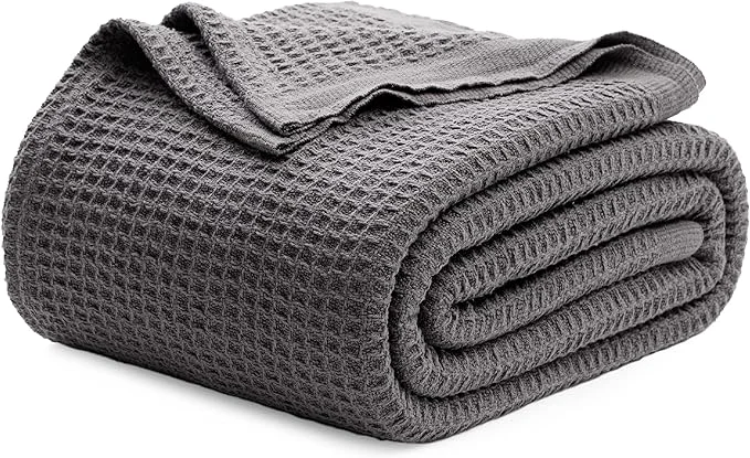 Smart Bedsure Gentlesoft Cotton Blanket Queen Size for Bed - Cooling Breathable and Soft for Spring Summer Thick Cozy Waffle Weave Blanket Gifts for Women Dark Grey 90x90 Inches World-Class