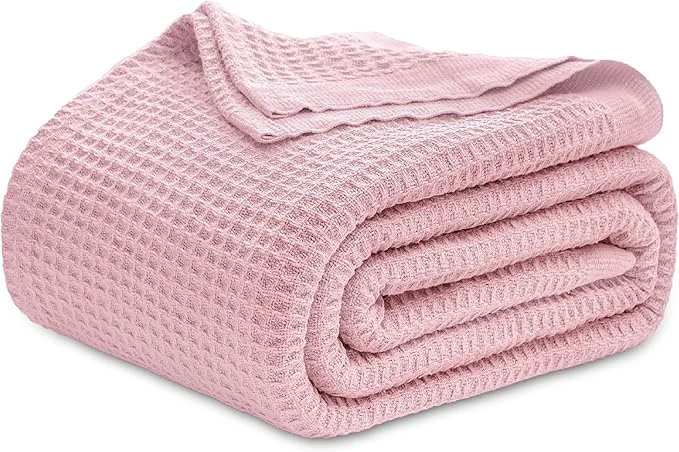 Luxury Bedsure Gentlesoft Cotton Blanket Queen Size for Bed - Breathable and Soft for Spring Summer Thick Cozy Waffle Weave Blanket Gifts for Women Pink 90x90 Inches Original
