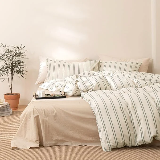 Healthy VM VOUGEMARKET Full Duvet Cover Set Beige Gray Striped Bedding Set Soft Washed Cotton 3 Pieces Dark Green Vertical Ticking Stripes Comforter Cover with Zipper Closure-80x90 Inch Artisan