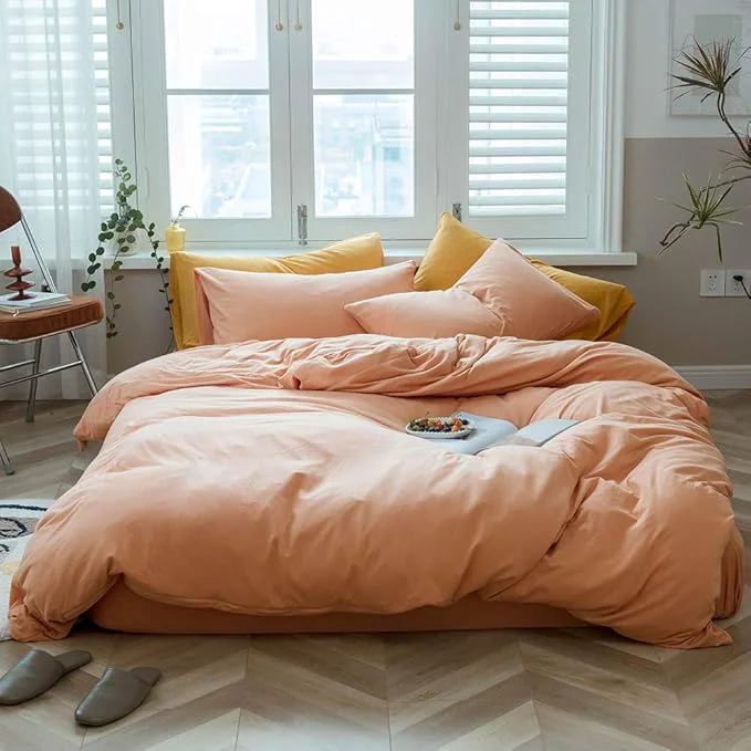Fast VM VOUGEMARKET Orange Duvet Cover Queen Girls Salmon Peach Pink Duvet Cover Sets-Jersey Knit Cotton Modern Luxury Bedding Set-Queen 90x90 inch Adult Authentic