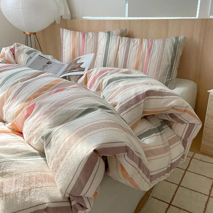 Specialty VM VOUGEMARKET Multicolor Striped Duvet Cover Set King Washed Cotton Bedding Stripes Duvet Cover with 2 Pillowcases for Girls Women Orange Pink Green Coffee Minimalist