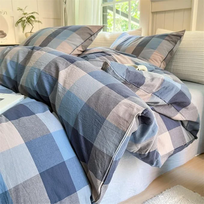 Lightweight VM VOUGEMARKET Blue Plaid Duvet Cover Sets Queen Soft Washed Cotton 3 Pieces Gingham Duvet Cover with Zipper Closure for Teen Boys Girls Simple Modern Bedding Set Blue Grey Beige Excellent