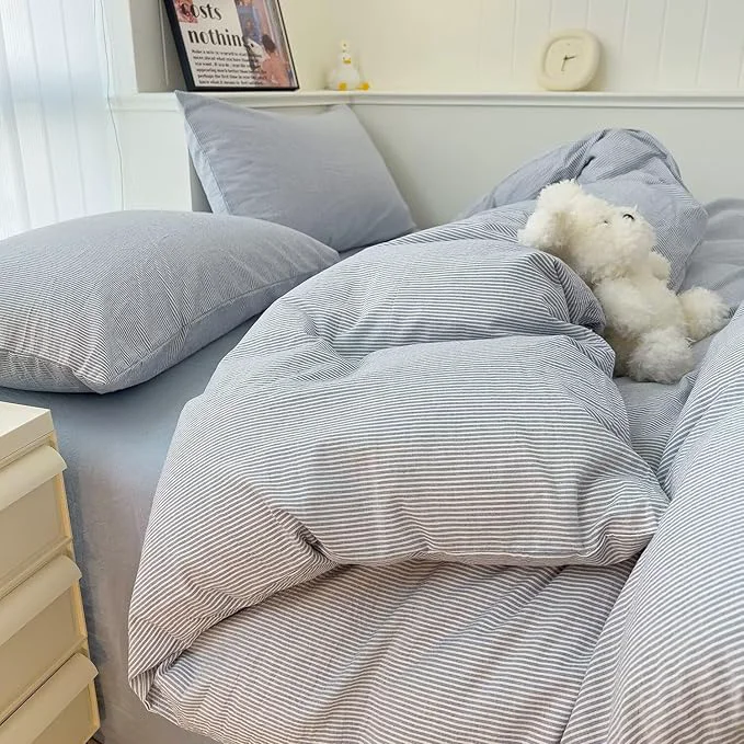 Durable MKXI Ultra-Breathable Washed Cotton Duvet Cover Set Queen 3-Piece Set - Fine Blue amp White Stripes - Textured Comfy Bedding - Coastal Farmhouse Minimalist Style Organic