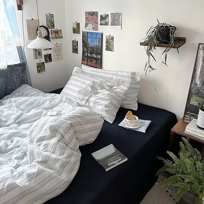 Relaxed MKXI Full Size Duvet Cover Set - Washed Cotton Blue amp White Striped Bedding Soft amp Breathable 3-Piece Set with Zipper Closure amp Corner Ties Modern Coastal Vintage Style Casual