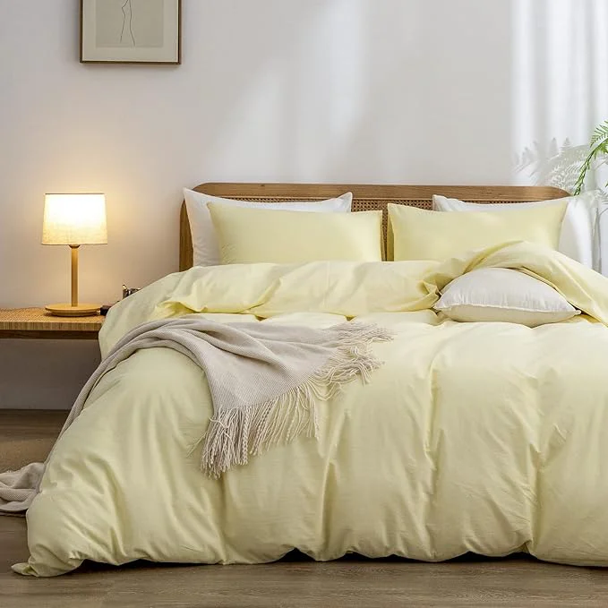 Excellent OUCH Duvet Cover Set Washed Cotton Linen Feel Super Soft Comfortable Chic Lightweight 3 PCs Home Bedding Set Solid Light Yellow Full Double Enhanced