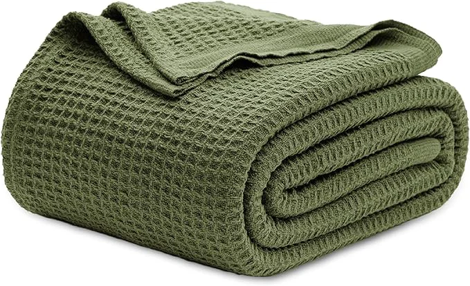 Classic Bedsure Gentlesoft Cotton Blanket King Size for Bed - Breathable and Soft for Spring Summer Thick Cozy Waffle Weave Blanket Gifts for Women Olive Green 104x90 inches Solid
