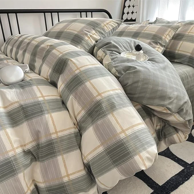 Durable VM VOUGEMARKET Plaid Bedding Set King Cotton Green Grid Duvet Cover Set Modern Men Boy 39 s Comforter Cover with Zipper Closure-King Luxury