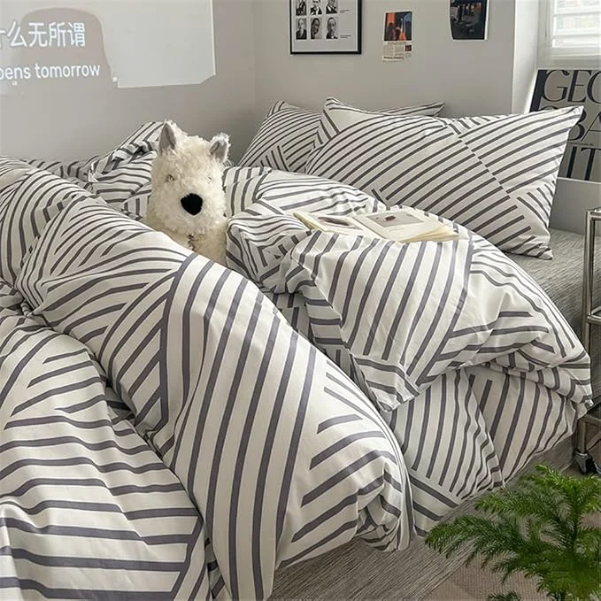 Practical VM VOUGEMARKET Gray Striped Duvet Cover Set Cotton Geometric Bedding Set 3 Pieces Instagram Style Simple Modern Duvet Cover with 2 Pillowcases-Queen Gray Stripes Safe
