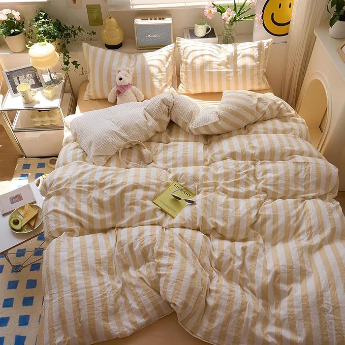 Original Salmon Pink Striped Duvet Covers Full Hotel Pattern Comforter Cover Full Size Boho Cute Dorm Cozy Duvet Cover Set with 2 Pillow Cases Neutral Teen Girl Bedding Washed Microfiber Duvet Protector Official