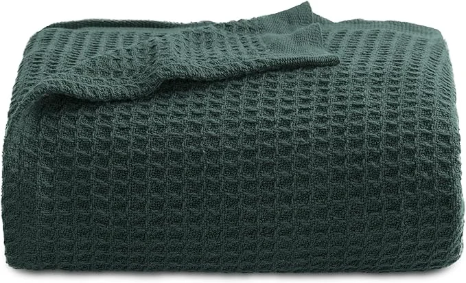 Classic Bedsure Gentlesoft Cotton Blanket Twin XL Size for College Dorm - Breathable and Soft for Spring Summer Waffle Weave Twin Blanket for Bed Dorm Room Essentials Dark Green 66x90 inches User-Friendly