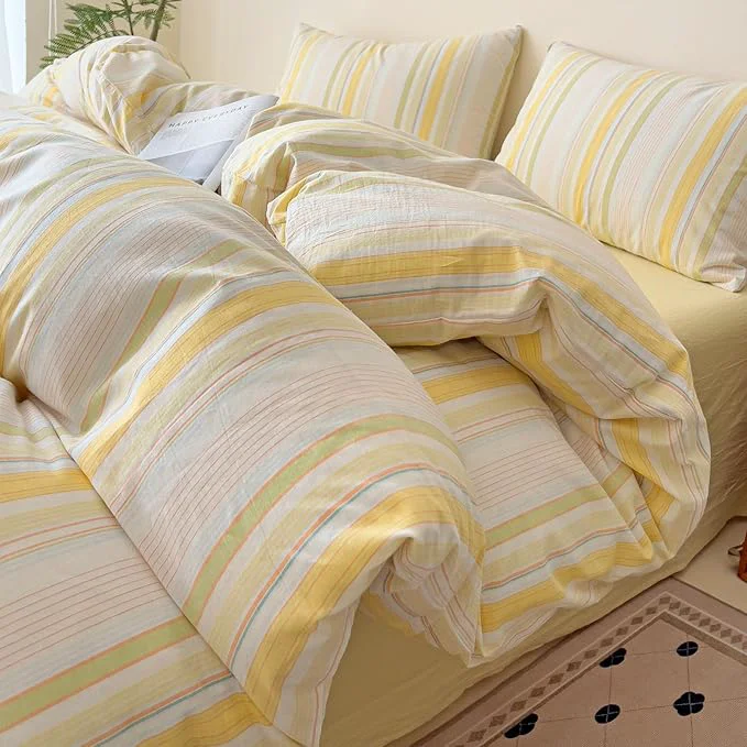 Eco-Friendly VM VOUGEMARKET Yellow Striped Duvet Cover Set Queen Washed Cotton Bedding Set 3 Piece Colorful Pinstripes Comforter Quilt Cover with Zipper Closure Corner Ties Modern Cozy for Girls Sustainable