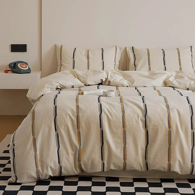 Powerful VM VOUGEMARKET Black Orange Striped Duvet Cover Set Yarn-Dyed Cotton Linen Like Textured Bedding Set Jacquard Stripes Duvet Cover with 2 Pillowcase-Queen 90 quot x90 quot Crafted