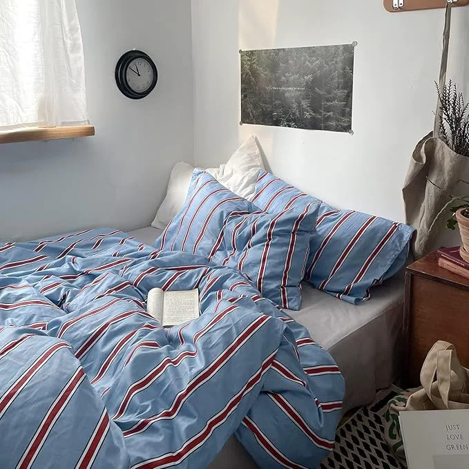 Practical MKXI Blue amp Red Vertical Stripe Duvet Cover Twin XL - 3-Piece Cotton Textured Bedding Set Modern Coastal Vintage Aesthetic Zipper Closure amp Corner Ties Fine Crafted