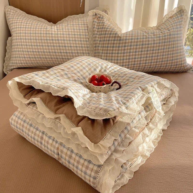 Exceptional Ownkoti Brown Plaid Ruffle Lace Summer Bedding Set Convenient
