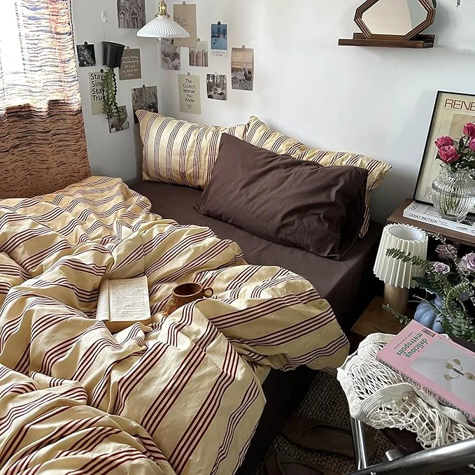 Next-Generation MKXI Twin Size Reddish-Brown amp Yellow Striped Duvet Cover Set - 3 Piece Vintage Aesthetic Bedding Set Cotton Minimalist Design Soft amp Breathable Duvet Cover with Zipper Ties Premium