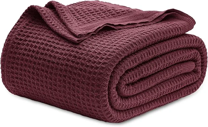 Artisan Bedsure Gentlesoft Cotton Blanket Queen Size for Bed - Breathable and Soft for Spring Summer Thick Cozy Waffle Weave Blanket Gifts for Women Burgundy 90x90 Inches Sustainable