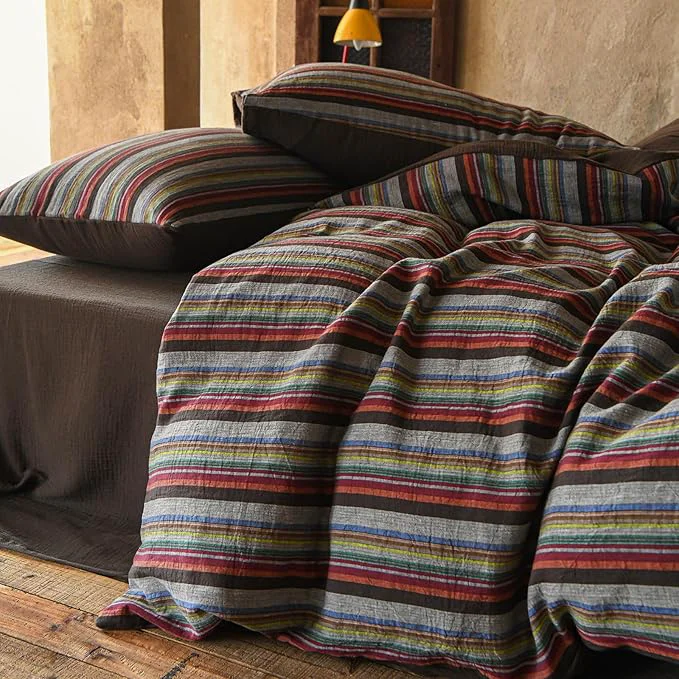 Pure VM VOUGEMARKET Multicolor Striped Duvet Cover Set King Cotton Double Layer Gauze Bedding Set Retro Style Bohemian Striped Quilt Cover with Zipper Closure Organic