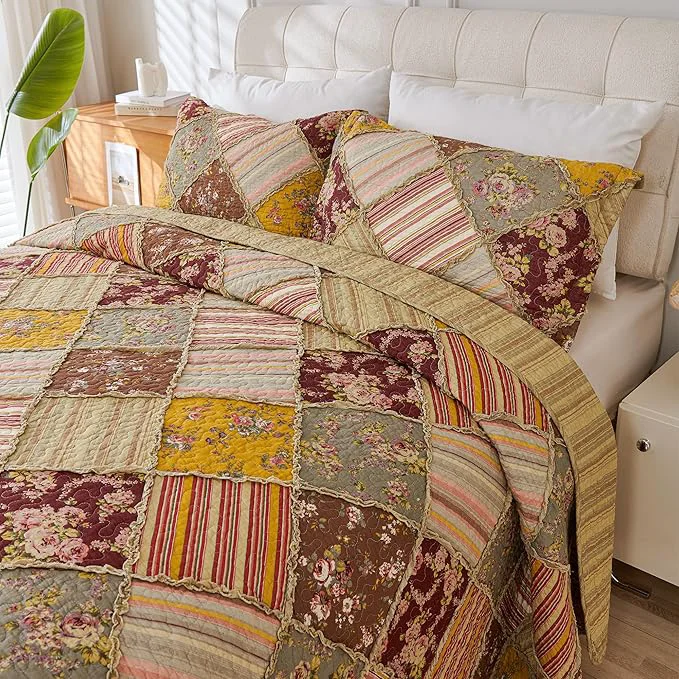 High-Performance Cmfshape Floral Quilt Sets Bedspread Set Cotton Patchwork Bedding Set All Season Use Lightweight Reversible Coverlet Quilts with 2 Pillow Shams Queen 92 quot x96 quot Refined