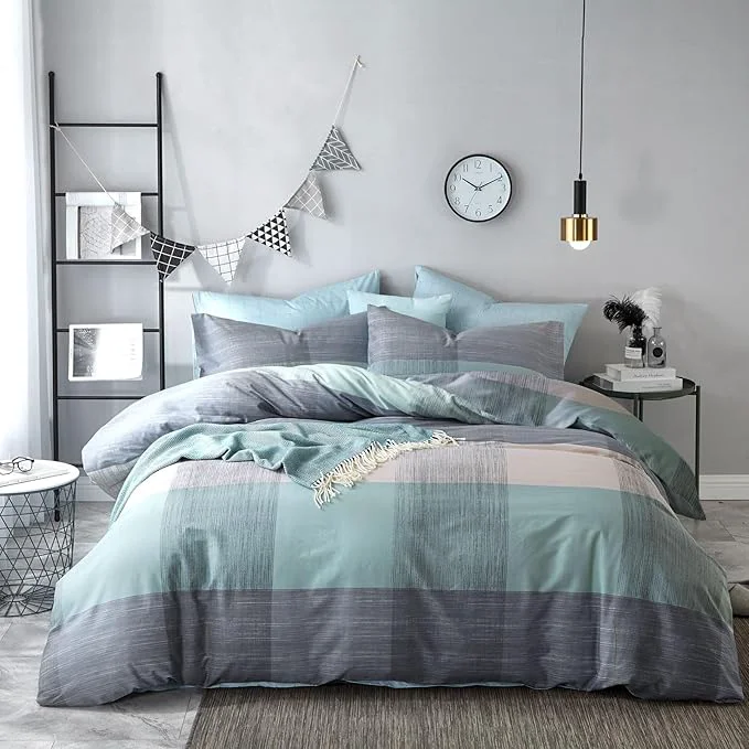 Minimalist VM VOUGEMARKET Cotton Modern Duvet Cover Set Blue Green Multi-Dimensional Patchwork Design Simple Luxury Cool 3 Pieces King Bedding Set-No Comforter Reusable