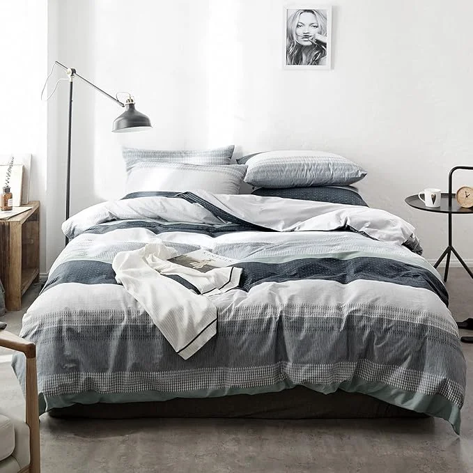 Trendy VM VOUGEMARKET Striped Duvet Cover Full 3 Pieces Blue Gray Duvet Cover Sets- Cotton Modern Simple Comforter Cover with Zipper for Teens Boys Men-80x90 Inch Prestigious