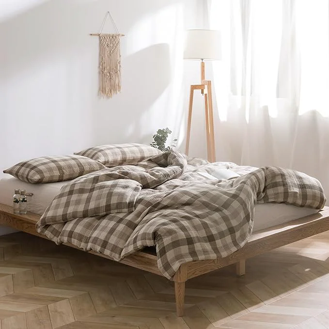 Convenient VM VOUGEMARKET Beige Grey Gingham Duvet Cover Queen Muslin Cotton Plaid Bedding Set Soft Breathable Linen Like Gauze Comforter Cover with Zipper Closure for Teen Men-3 Pieces 90 quot x90 quot Crafted